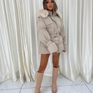 Belted Cream Puffer Jacket with Faux Fur Hood
